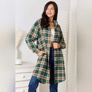 Double Take Green Plaid Collared Neck Long Sleeve Shirt With Pockets NWT